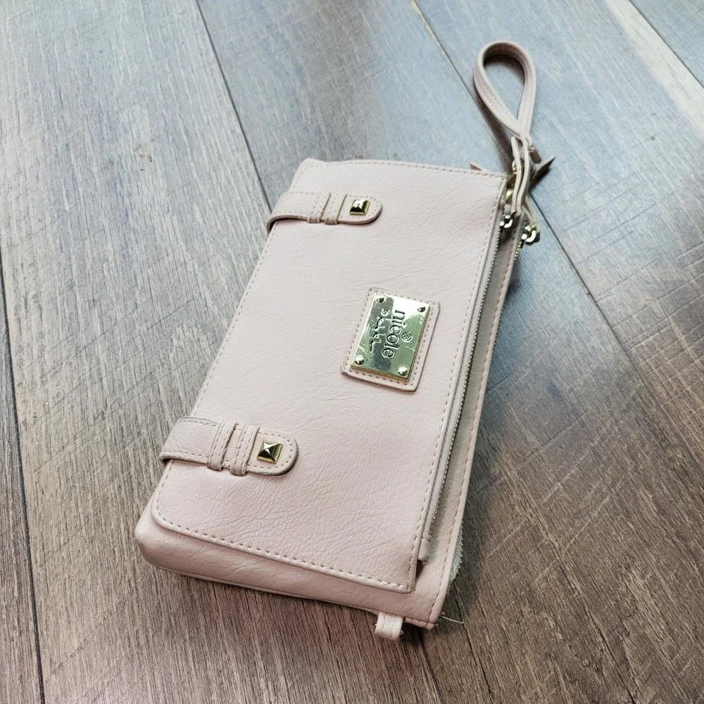 Nicole by Nicole Miller Blush Pink Wristlet Clutch Bag Gold Hardware Studded